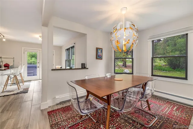 a view of a dining room with furniture window and outside view