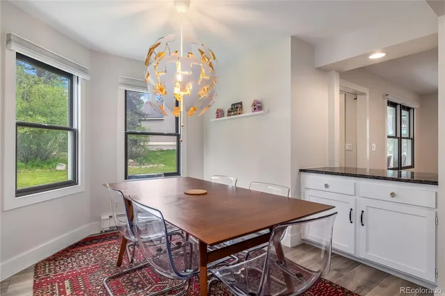 a view of a dining room with furniture and window
