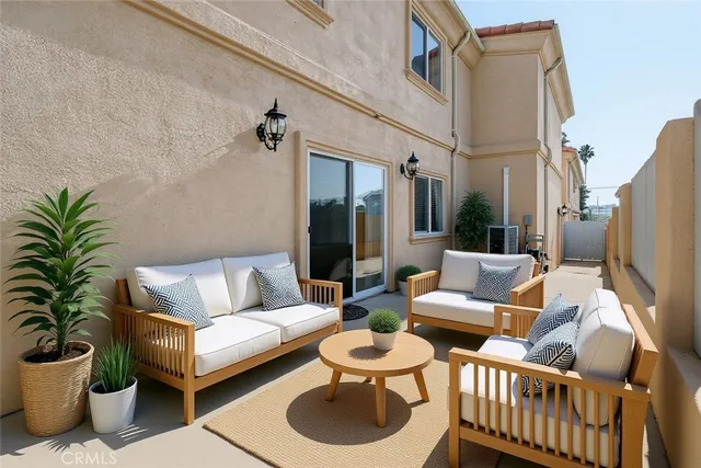 a building outdoor space with patio furniture