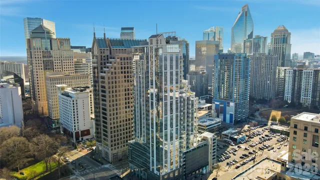 a city view with tall buildings