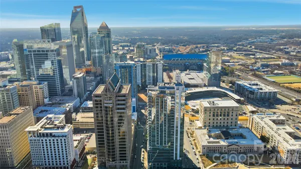 a city view with tall buildings