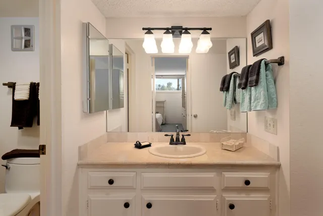 a bathroom with a sink and a mirror