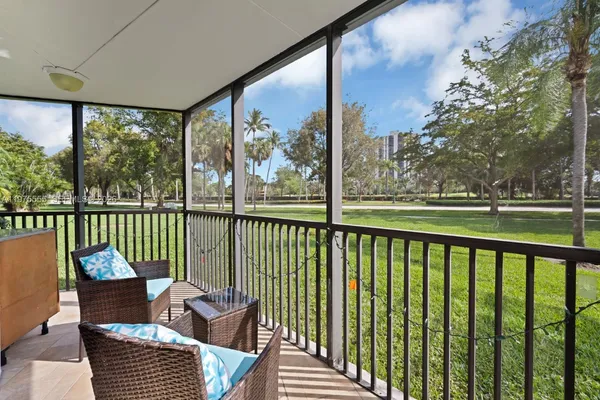 a view of balcony with furniture