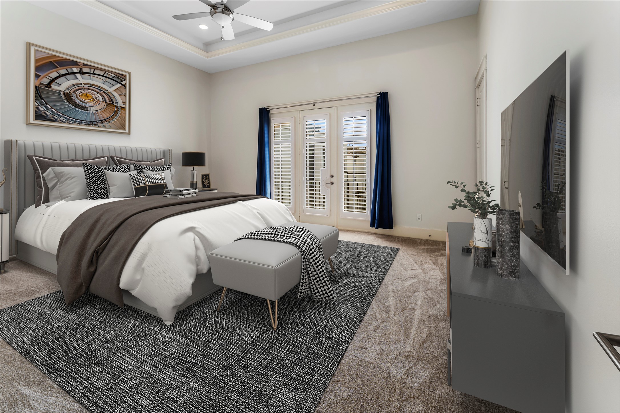 4938 Edison Park Lane Houston, TX 77081 - Photo 32 of 49 a spacious bedroom with a bed a mirror and a potted plant