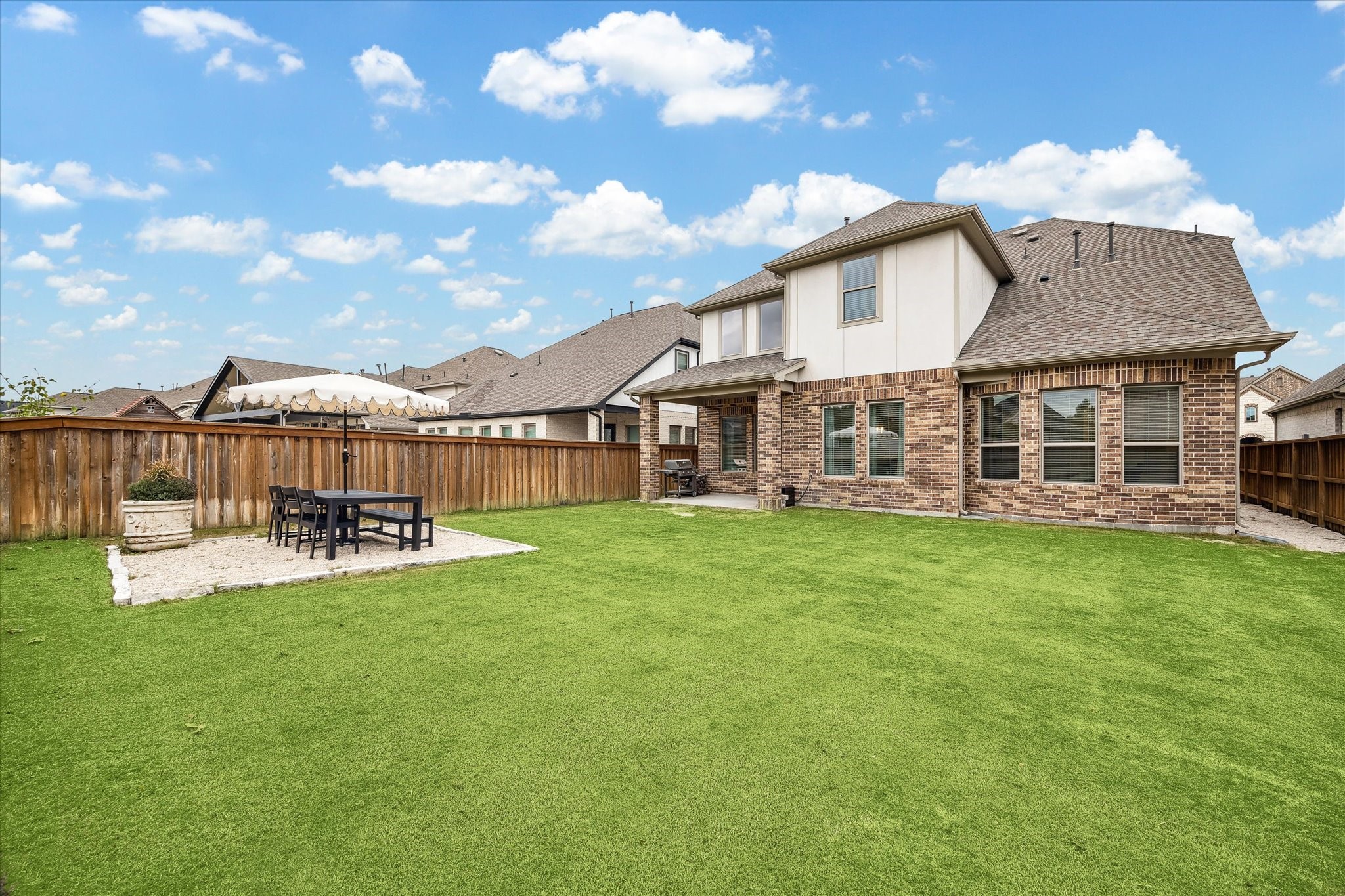 28227 Whitmore Bend Drive Spring, TX 77386 - Photo 35 of 36 Enjoy a spacious backyard with a covered patio, gas hookup, and a built-in sprinkler system.