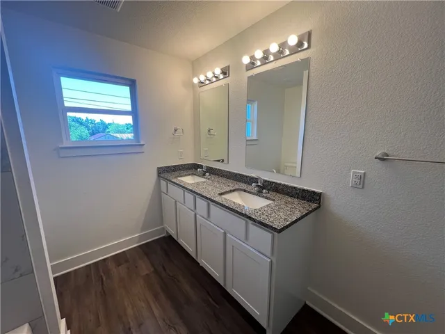 a bathroom with a sink and a mirror