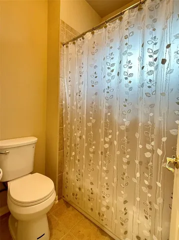 a bathroom with a toilet and shower curtain
