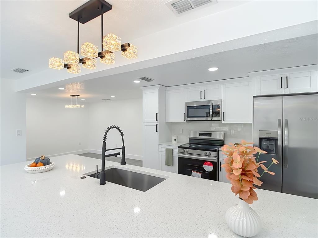 8130 San Felipe Court Port Richey, FL 34668 - Photo 20 of 54 a kitchen with stainless steel appliances granite countertop a sink refrigerator and cabinets