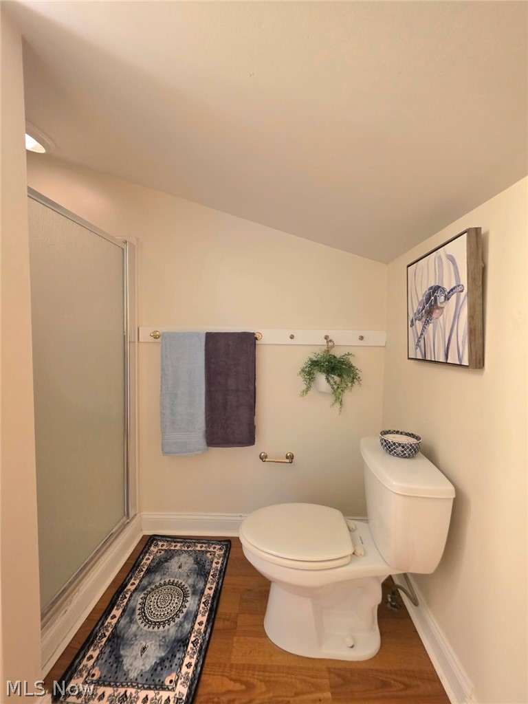 398 North Chillicothe Road Aurora, OH 44202 - Photo 34 of 39 Full bathroom featuring a walk-in shower with a frosted glass enclosure, white toilet, wood-finish flooring, and light-toned walls