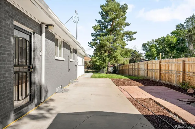 a view of a backyard with a tree