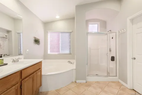a bathroom with a double vanity sink mirror and shower