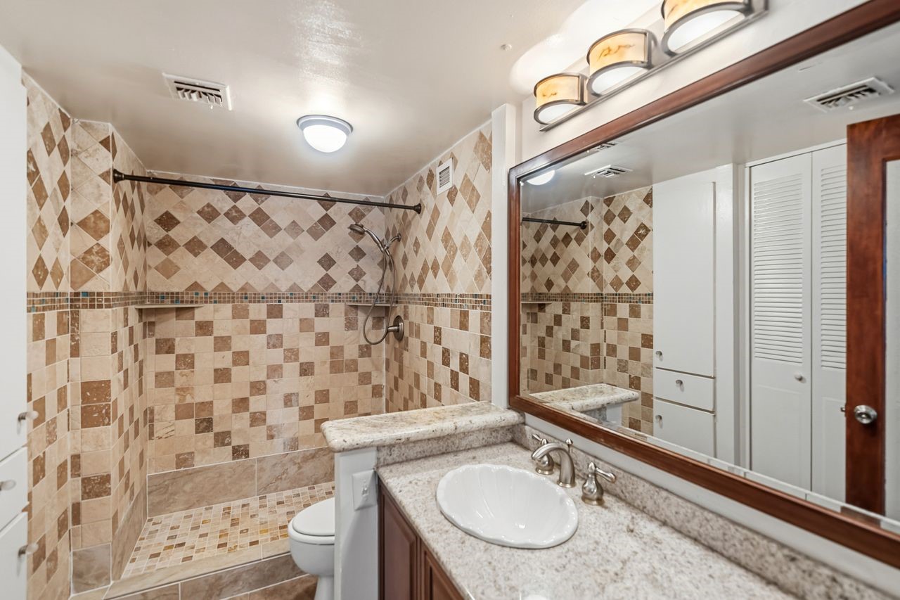 2016 Main Street, Unit 701 Houston, TX 77002 - Photo 15 of 43 a bathroom with a sink toilet a shower and a mirror