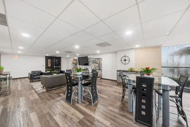 a view of a dining room with furniture