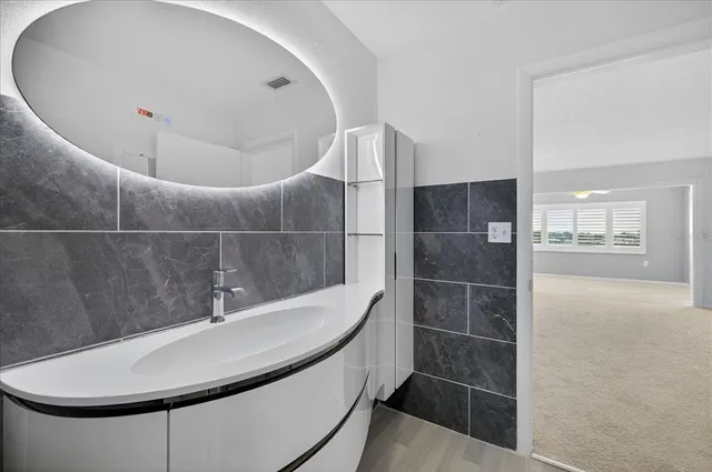 a bathroom with a sink and mirror