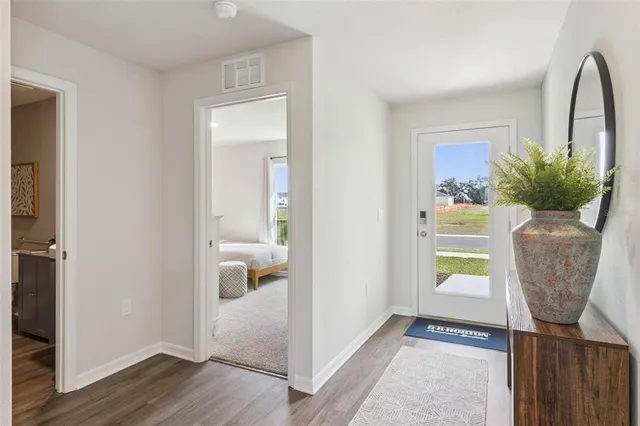 a view of a hallway with wooden floor and a potted plant