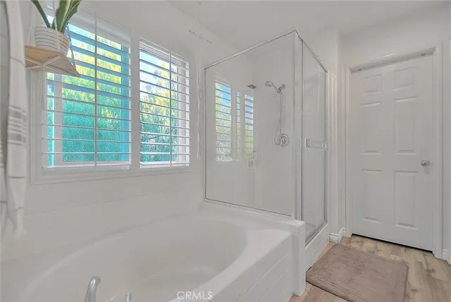 a bathroom with a bathtub and a shower