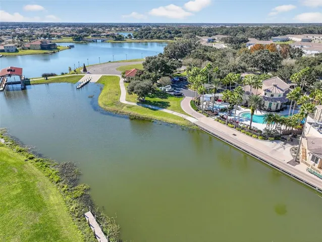an aerial view of a swimming pool