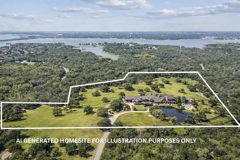 Aerial view of property's location with a nearby body of water and property boundaries highlighted