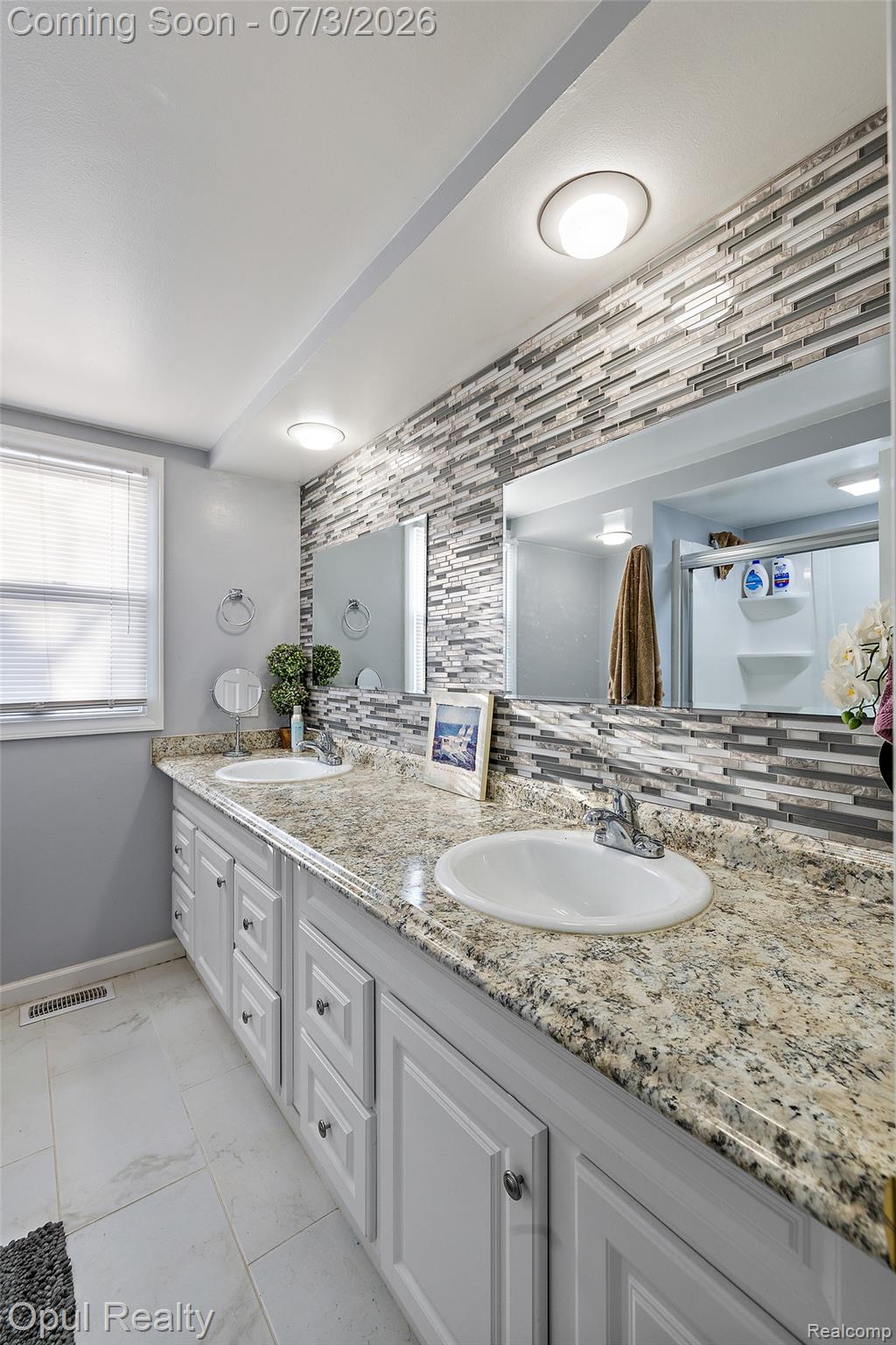 8855 Gross Road Dexter, MI 48130 - Photo 46 of 53 Dual vanity with white cabinetry, speckled countertop, and integrated sinks