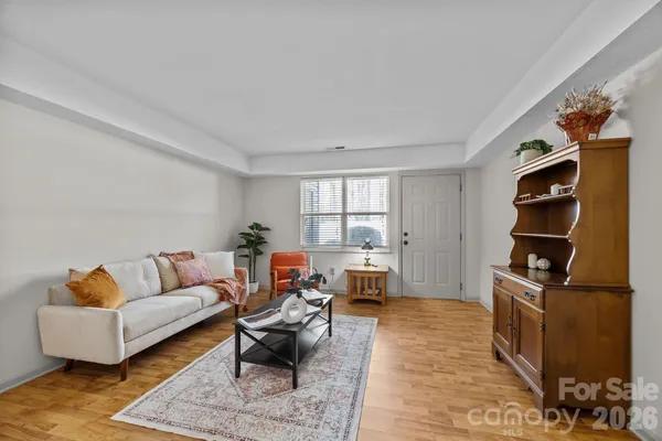 a living room with furniture cabinets and a rug