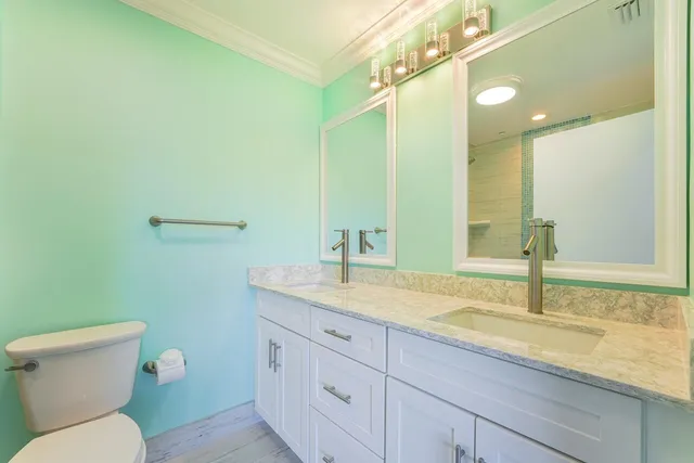 a bathroom with a granite countertop sink a toilet and a mirror