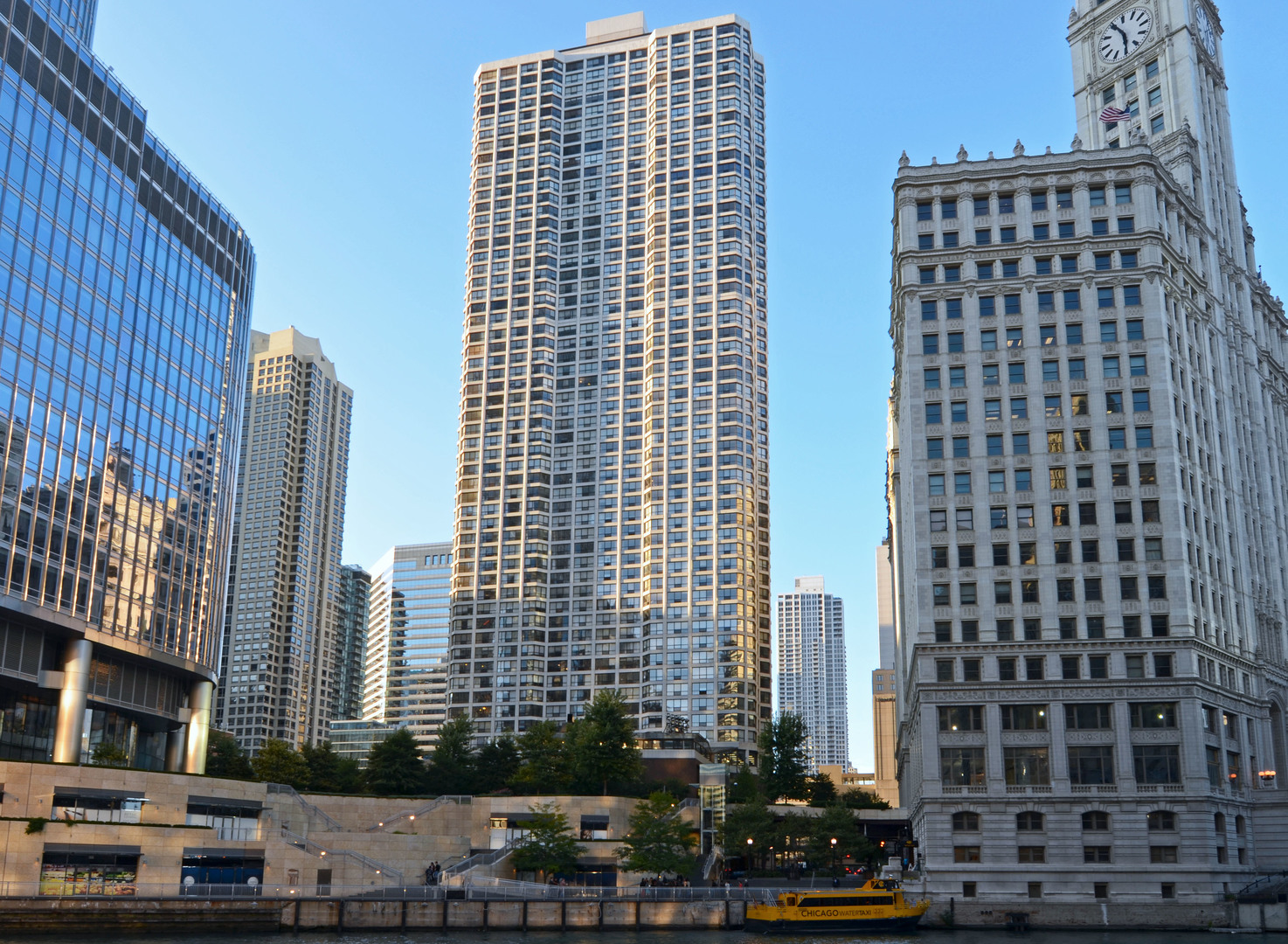 a city view with tall buildings