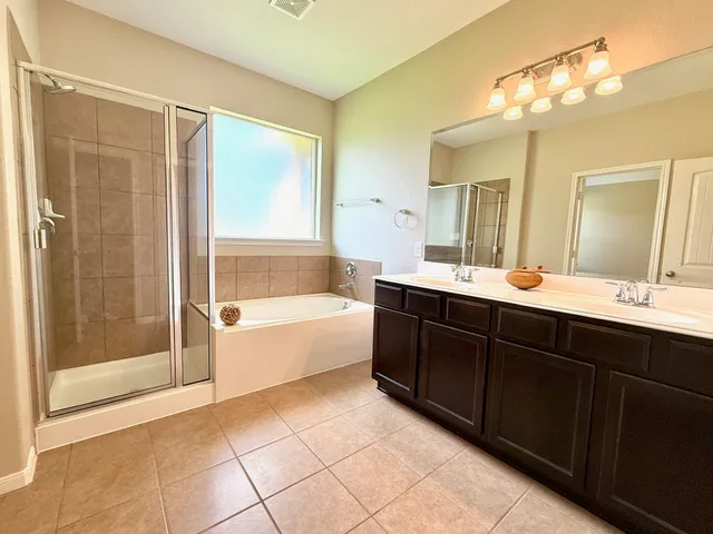 a bathroom with a tub sink shower and mirror