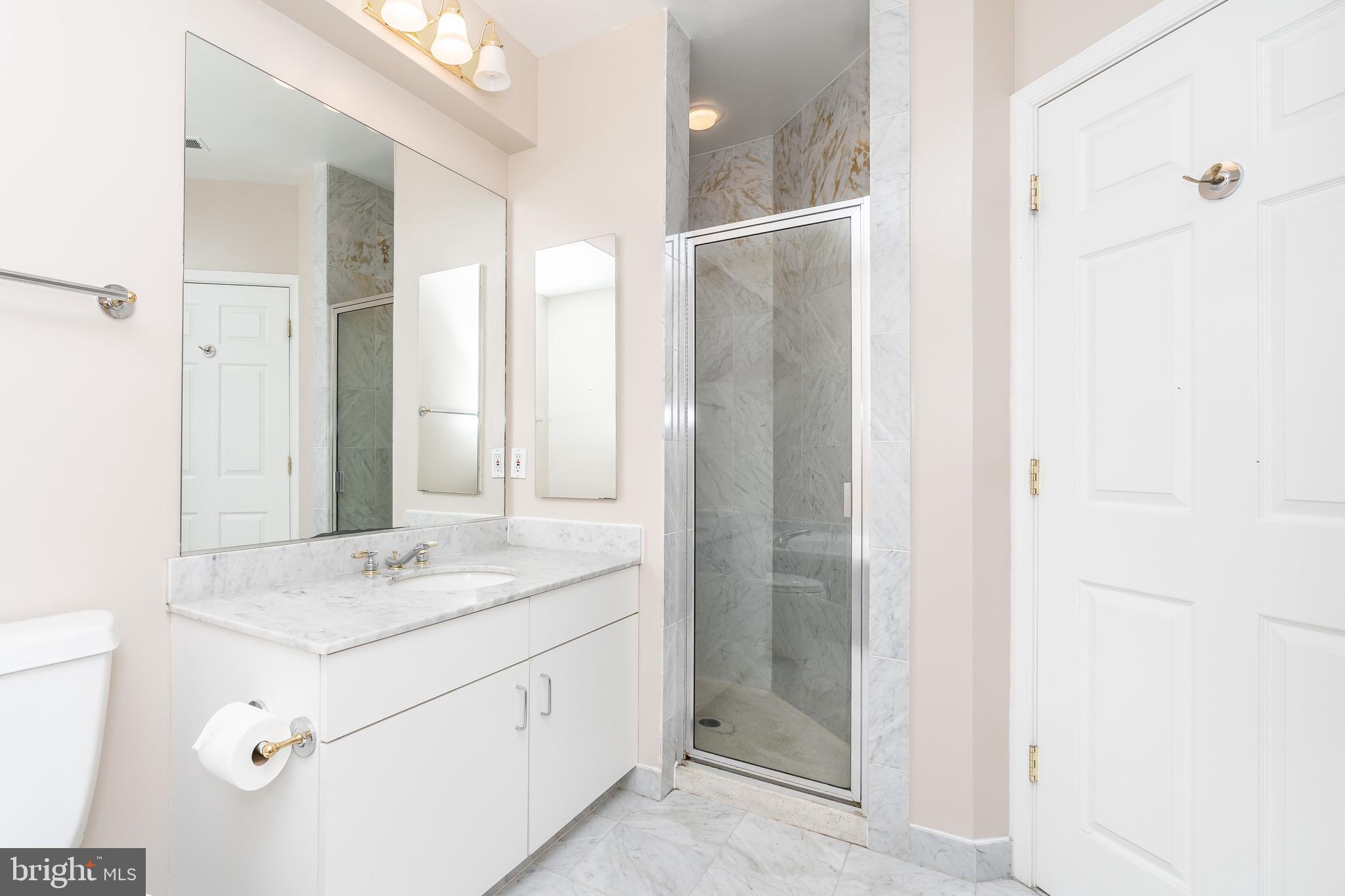 100 Harborview Drive, Unit 1908 Baltimore, MD 21230 - Photo 25 of 60 a bathroom with a shower sink and mirror