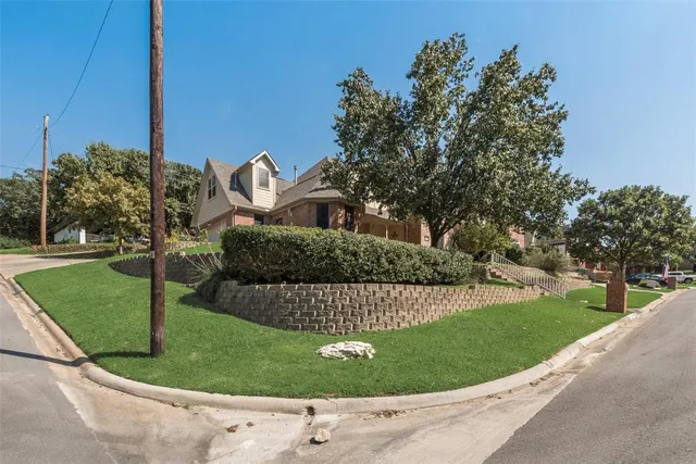 a view of a ground with large trees