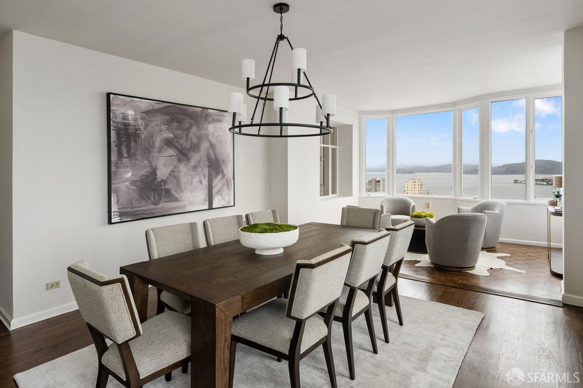 1101 Green Street, Unit 1801 San Francisco, CA 94109 - Photo 12 of 45 a dining room with furniture a window and wooden floor