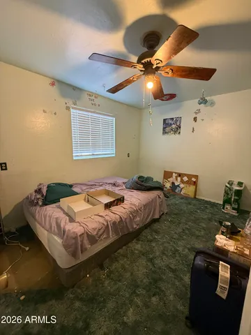 a bed room with a bed and a ceiling fan