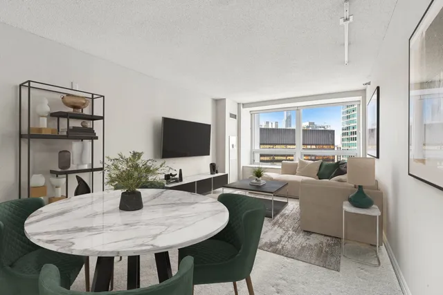a living room with furniture potted plant and a large window