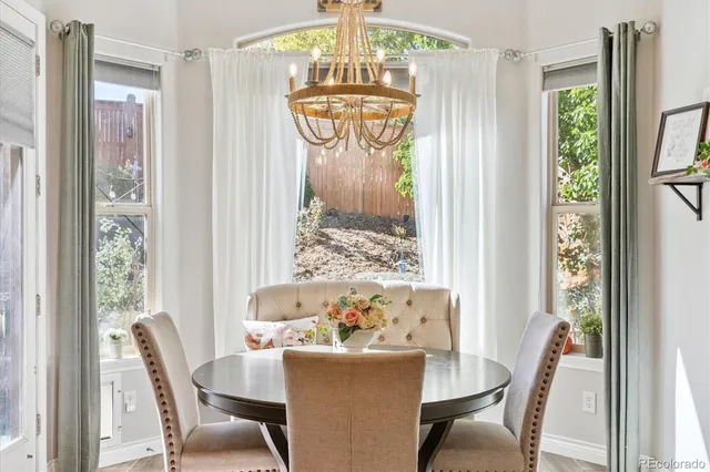 a view of a dining room with furniture window and outside view