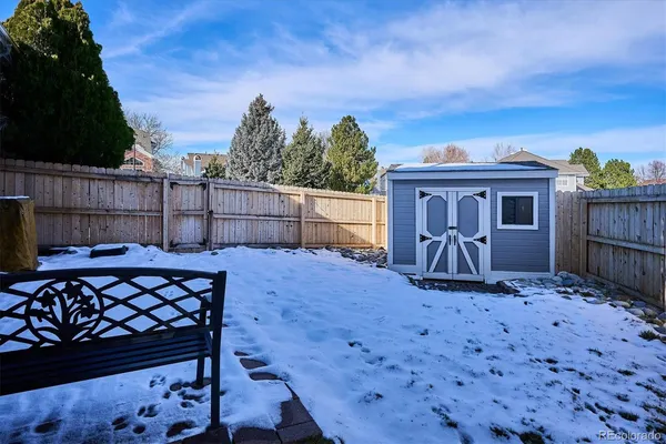 a view of a dry yard with a house
