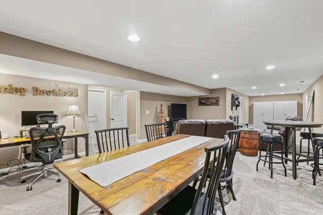 a view of a dining room with furniture