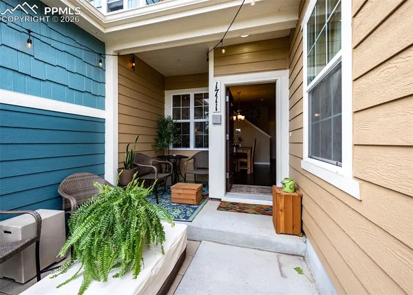 a porch with seating space