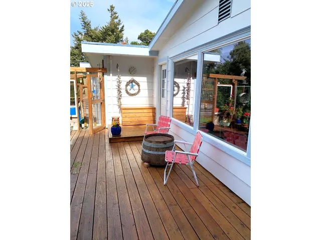 a swimming pool with outdoor seating