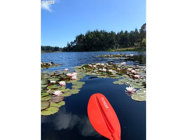a view of a lake with a floor to ceiling window