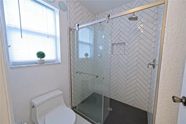 a bathroom with a shower and a toilet