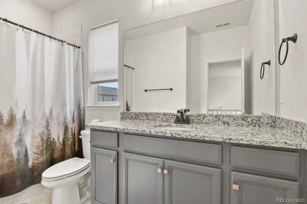 a bathroom with a granite countertop sink and a toilet