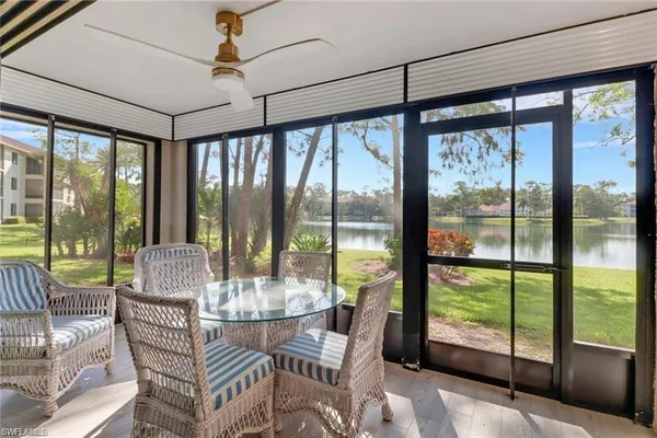 a view of a dining room with furniture window and outside view