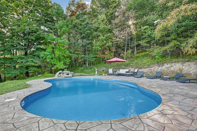 a view of a swimming pool with lawn chairs under an umbrella