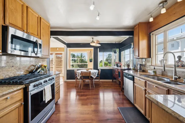 a kitchen with lots of counter top space