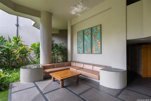 a building outdoor space with patio furniture