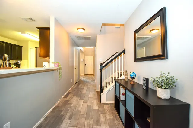 a hallway with a large window