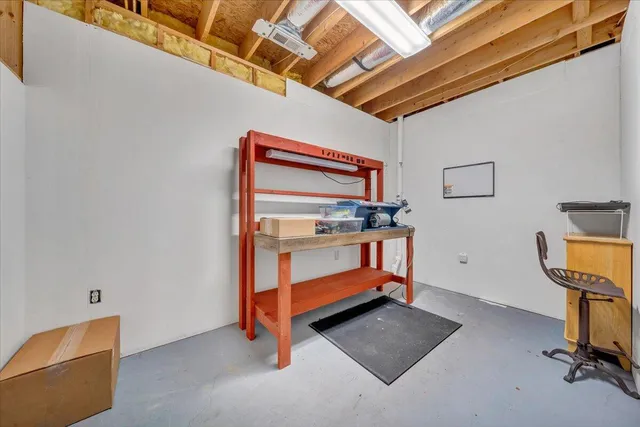 a view of a lush green forest with a mountain