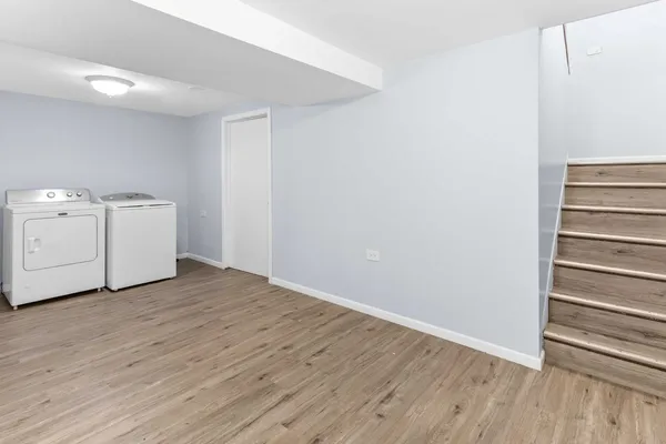 a view of storage and utility room with wooden floor