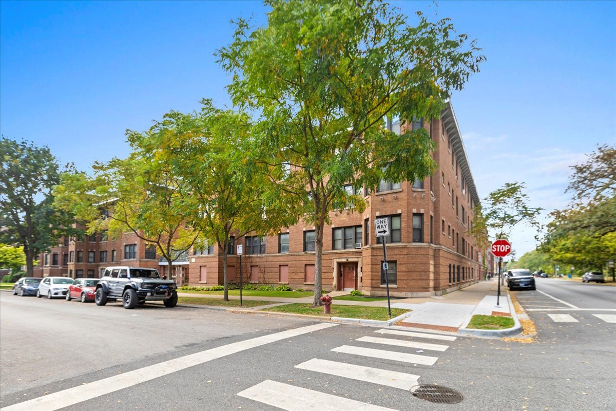 a view of a building with a street view