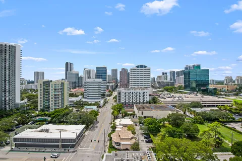 a view of a city with tall buildings