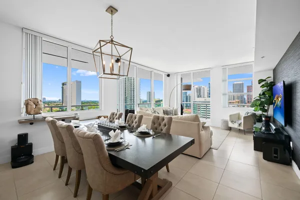 a view of a dining room with furniture window and outside view